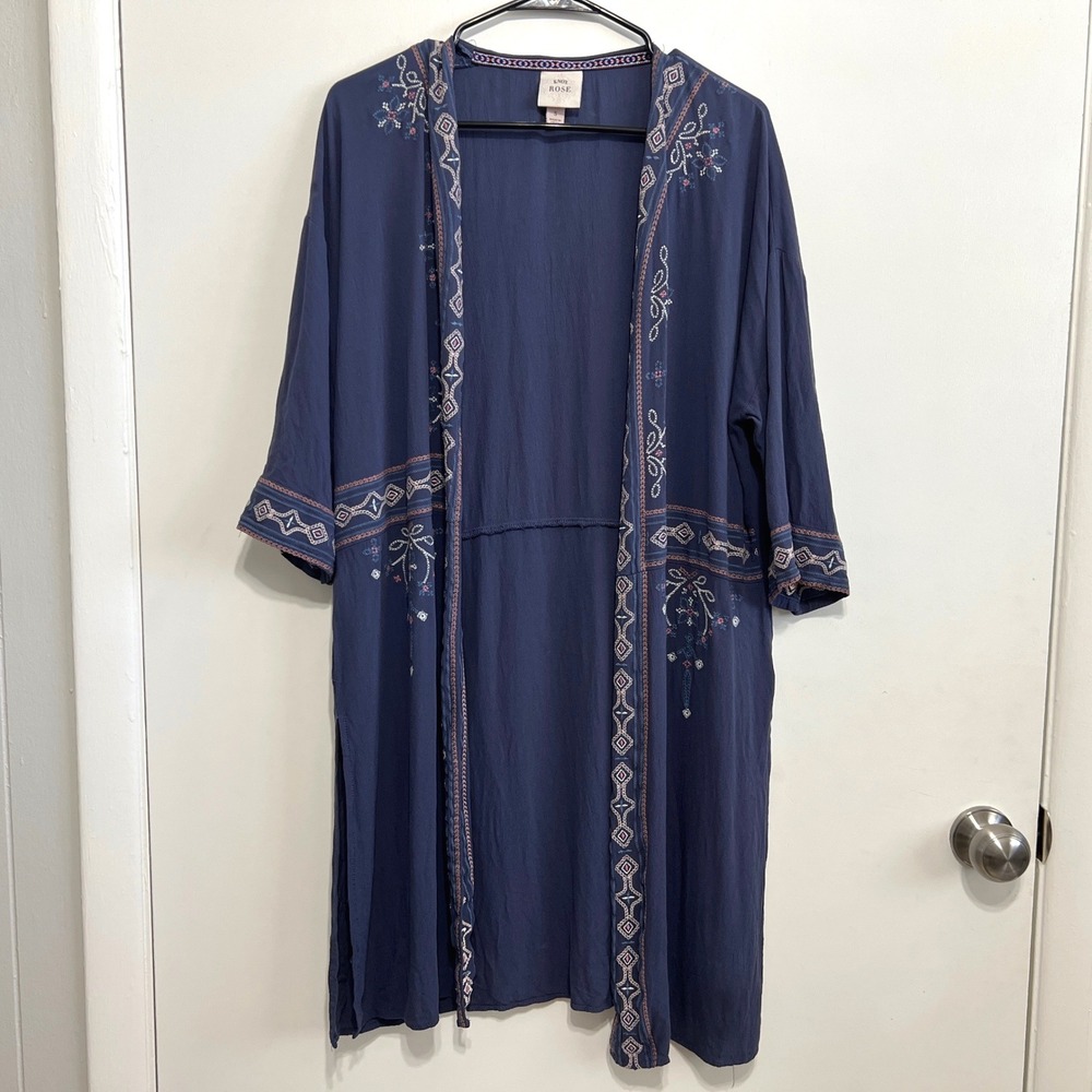 Knox Rose Womens Navy Blue Embroidered Open Front Cardigan Duster Size S Boho